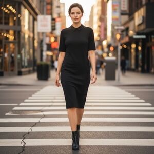 Piphany Classic Black Midi Dress Short Sleeve Collard Size Large